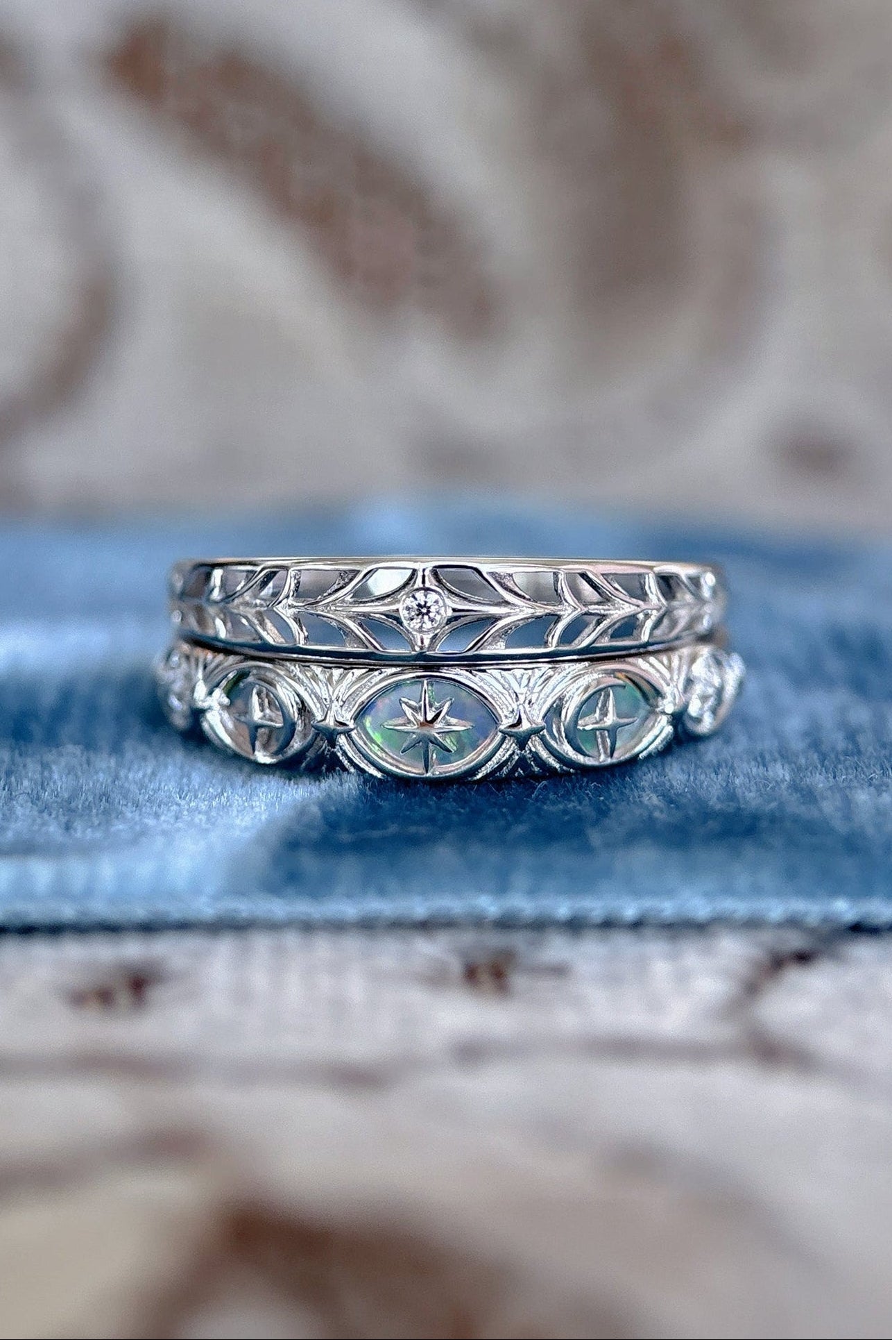 Hand-made silver band with Crescent Moon and North Star motifs, celestial-inspired wedding or stacking ring by LIRAE.