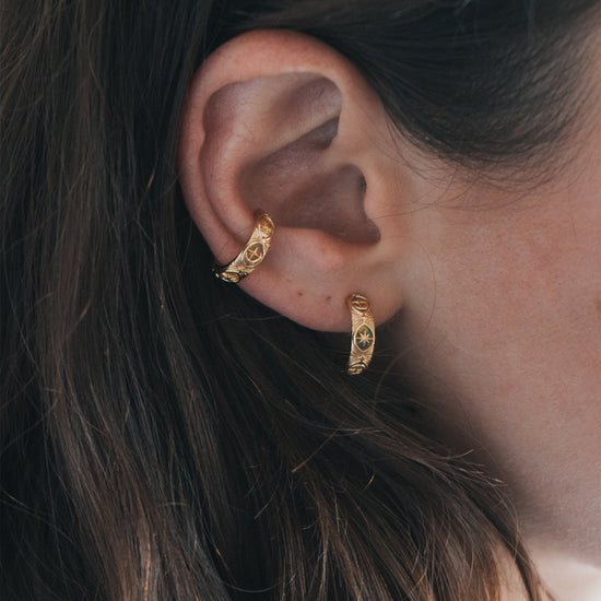 Hand-made gold star hoop earrings with Crescent Moon and North Star motifs, celestial-inspired earrings by LIRAE.