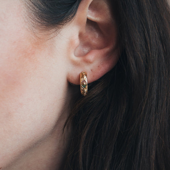 Hand-made gold star hoop earrings with Crescent Moon and North Star motifs, celestial-inspired earrings by LIRAE.