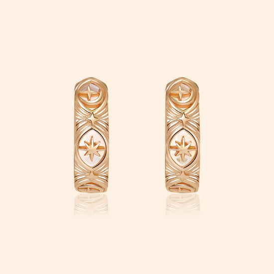 Hand-made gold star hoop earrings with Crescent Moon and North Star motifs, celestial-inspired earrings by LIRAE.