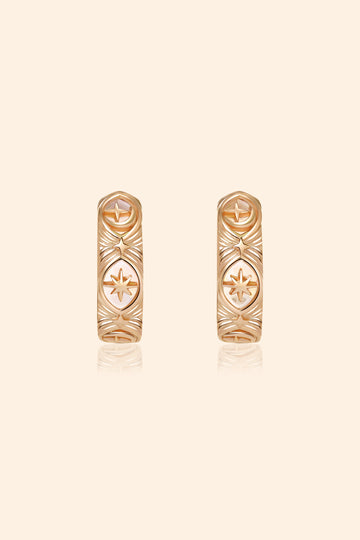 Hand-made gold star hoop earrings with Crescent Moon and North Star motifs, celestial-inspired earrings by LIRAE.