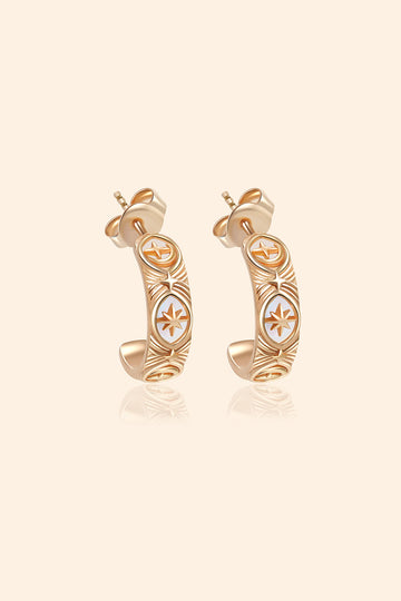 Hand-made gold star hoop earrings with Crescent Moon and North Star motifs, celestial-inspired earrings by LIRAE.