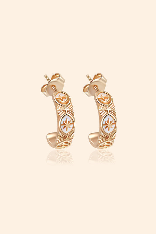 Hand-made gold star hoop earrings with Crescent Moon and North Star motifs, celestial-inspired earrings by LIRAE.