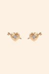 Dainty gold heart stud earrings with arrow details and sparkling center moissanite stones