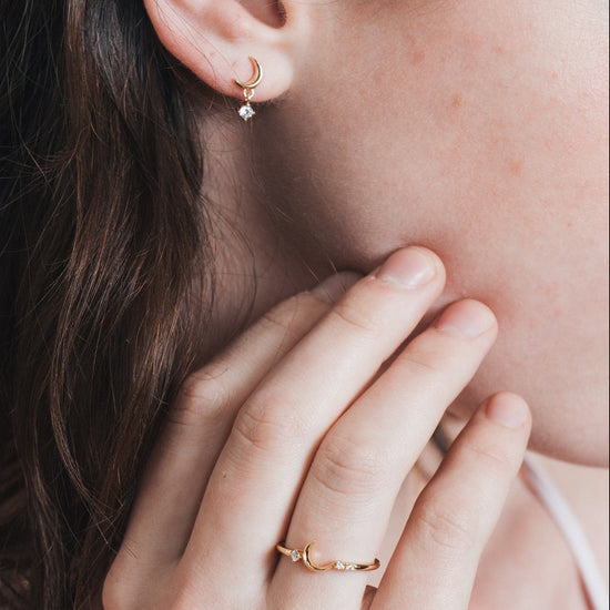 Minimalist crescent moon gold ring with asymmetric diamond accents, 14k gold vermeil 925 silver celestial talisman by LIRAE.