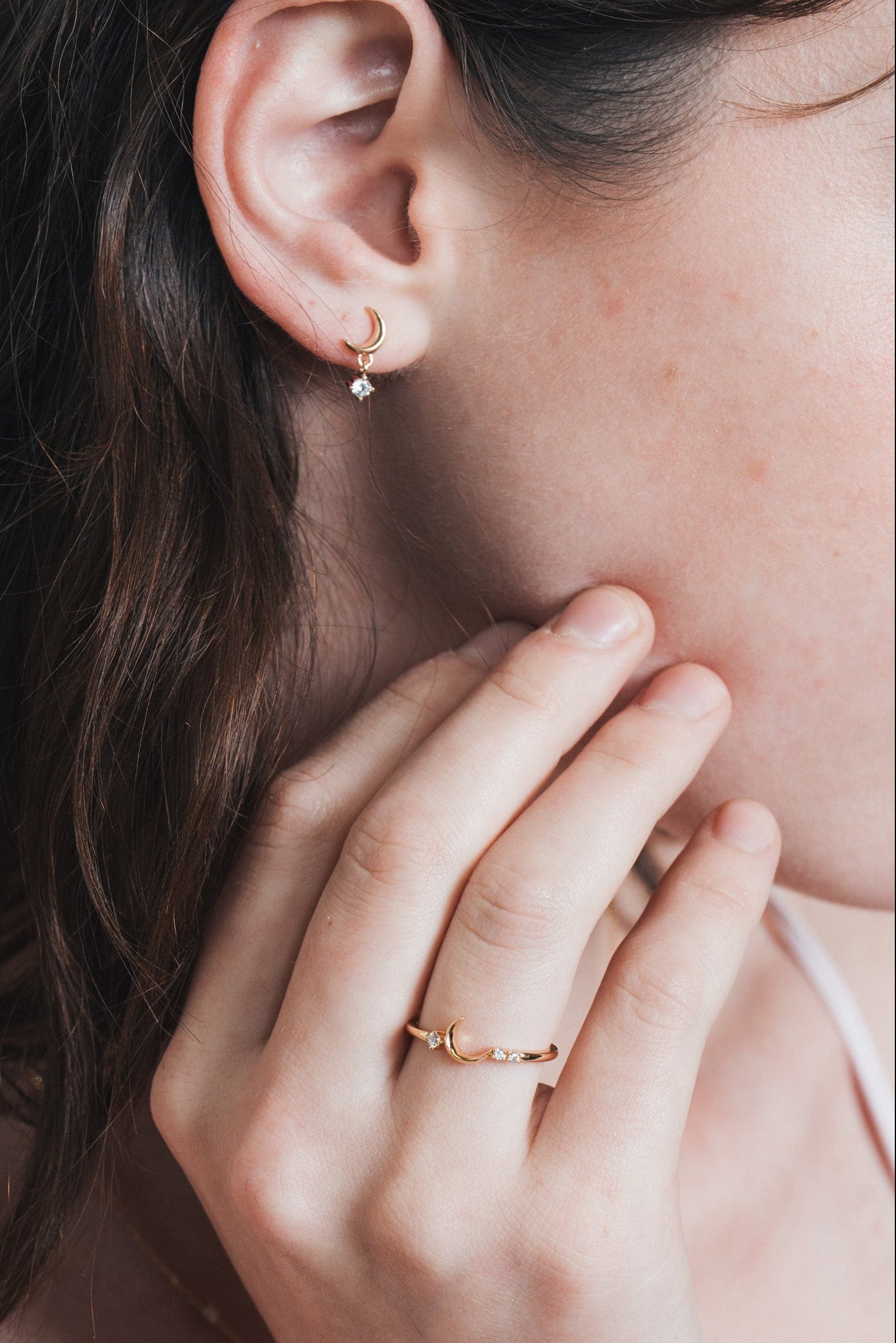 Minimalist crescent moon gold ring with asymmetric diamond accents, 14k gold vermeil 925 silver celestial talisman by LIRAE.