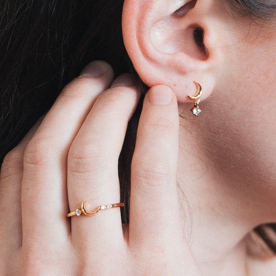 Minimalist crescent moon gold ring with asymmetric diamond accents, 14k gold vermeil 925 silver celestial talisman by LIRAE.