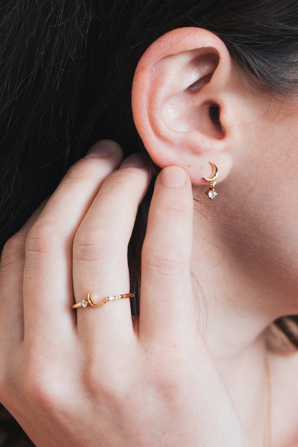 Minimalist crescent moon gold ring with asymmetric diamond accents, 14k gold vermeil 925 silver celestial talisman by LIRAE.