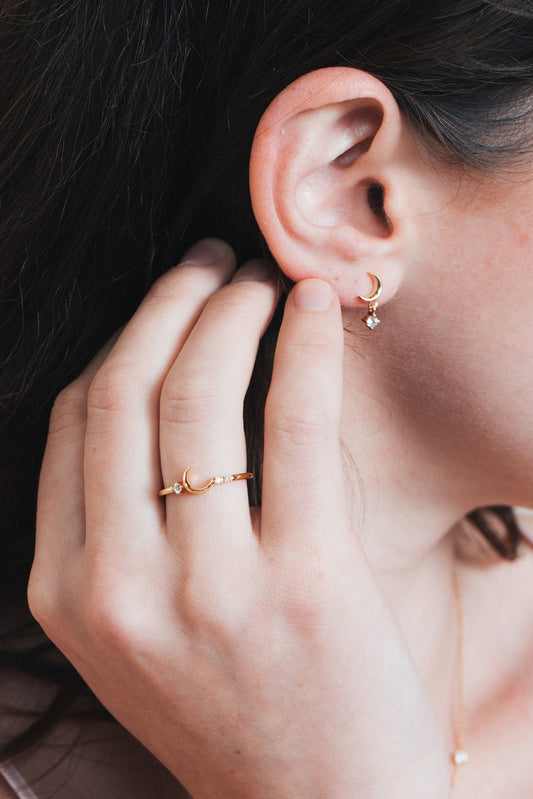 Minimalist crescent moon gold ring with asymmetric diamond accents, 14k gold vermeil 925 silver celestial talisman by LIRAE.