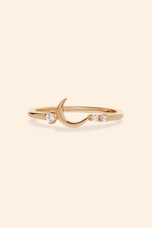 Minimalist crescent moon gold ring with asymmetric diamond accents, 14k gold vermeil 925 silver celestial talisman by LIRAE.