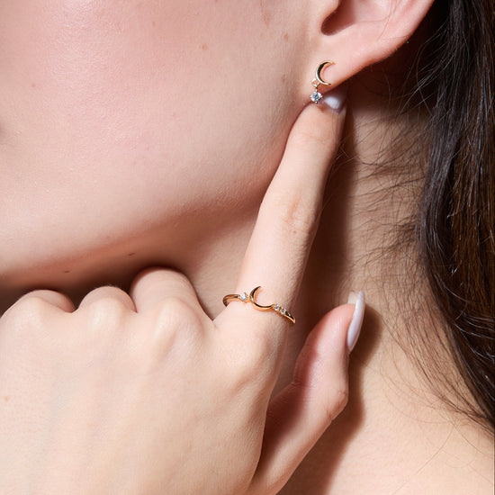 Minimalist crescent moon gold ring with asymmetric diamond accents, 14k gold vermeil 925 silver celestial talisman by LIRAE.