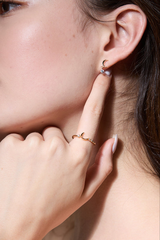 Minimalist crescent moon gold ring with asymmetric diamond accents, 14k gold vermeil 925 silver celestial talisman by LIRAE.