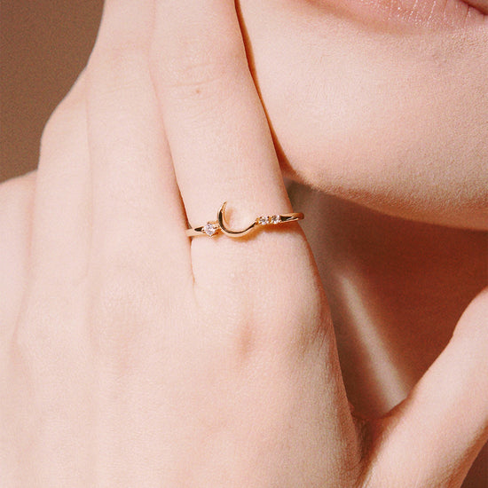 Minimalist crescent moon gold ring with asymmetric diamond accents, 14k gold vermeil 925 silver celestial talisman by LIRAE.