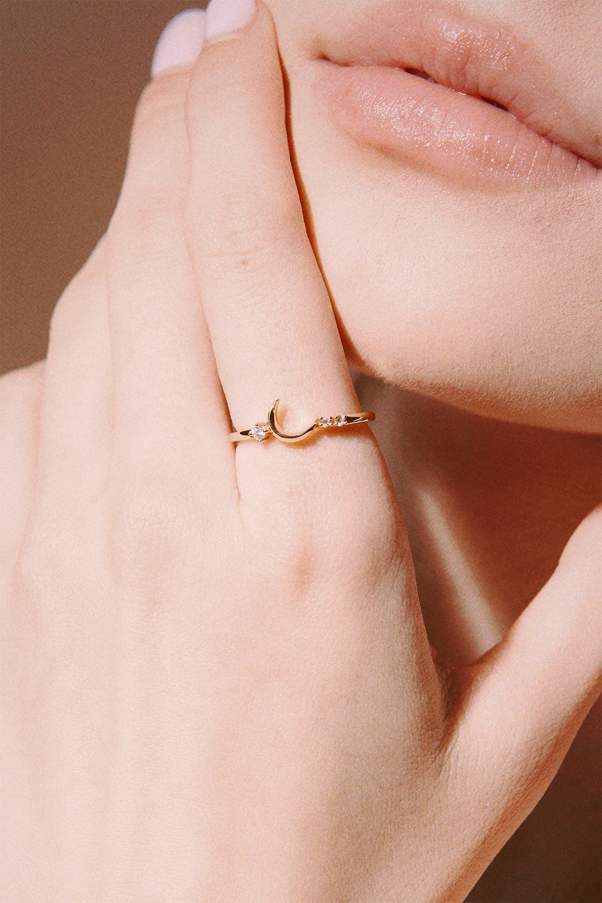 Minimalist crescent moon gold ring with asymmetric diamond accents, 14k gold vermeil 925 silver celestial talisman by LIRAE.