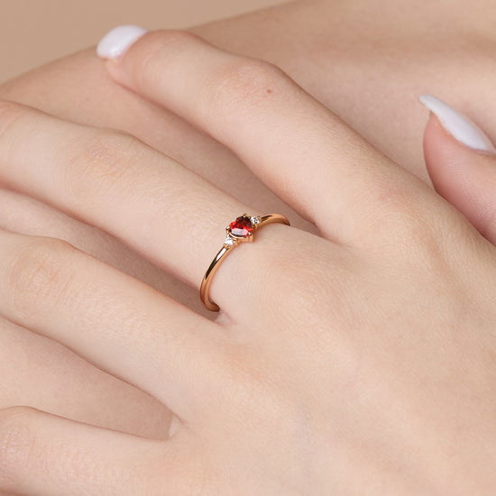 Dainty heart-shaped red garnet gold ring with diamond accents, 14k gold vermeil over 925 sterling silver stacking band by LIRAE.