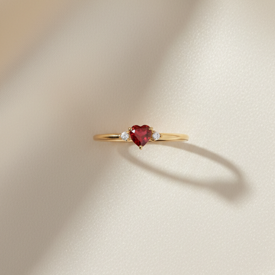 Dainty heart-shaped red garnet gold ring with diamond accents, 14k gold vermeil over 925 sterling silver stacking band by LIRAE.