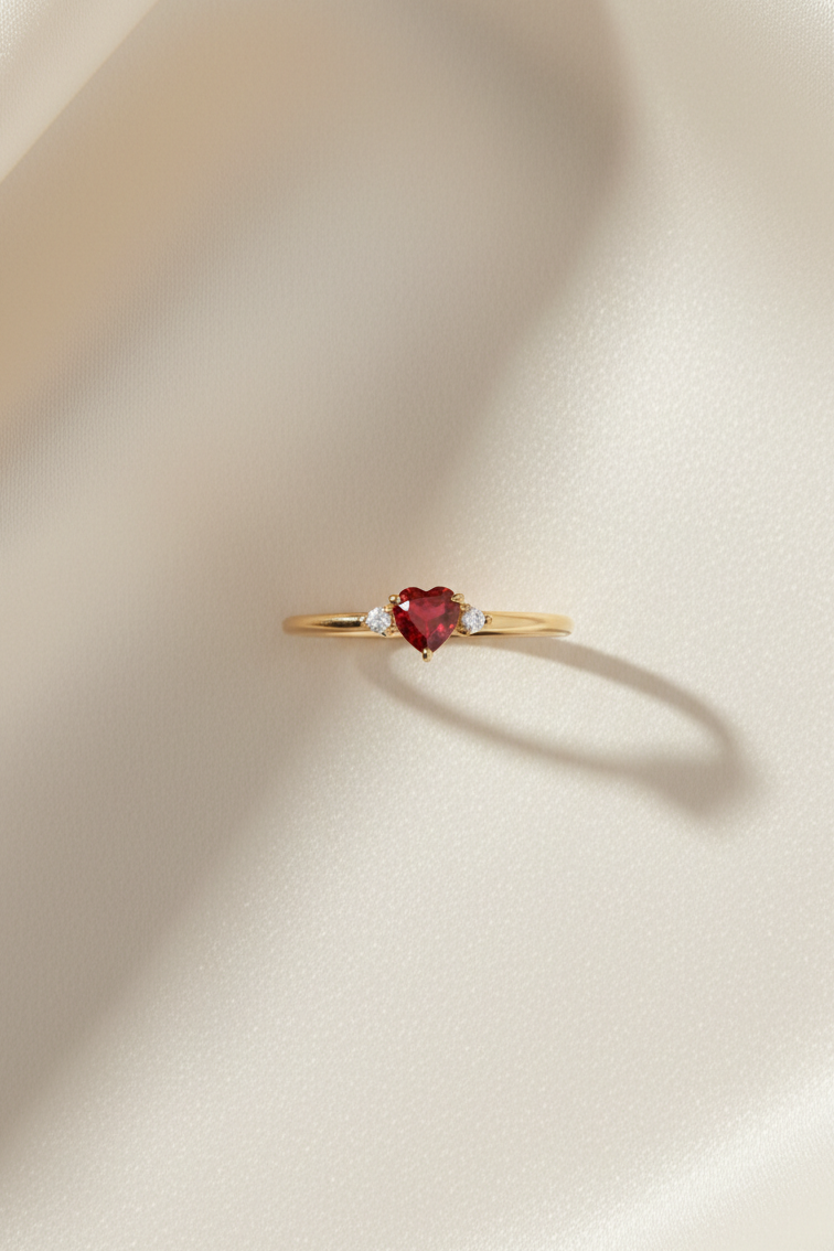 Dainty heart-shaped red garnet gold ring with diamond accents, 14k gold vermeil over 925 sterling silver stacking band by LIRAE.