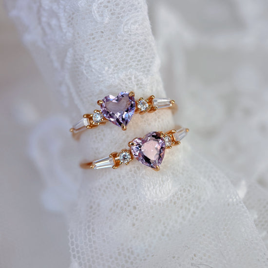 Heart-shaped red garnet ring in 14k gold color with baguette diamond accents, vintage-inspired heirloom jewelry gift for her by LIRAE.