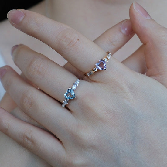 Heart-shaped red garnet ring in 14k gold color with baguette diamond accents, vintage-inspired heirloom jewelry gift for her by LIRAE.