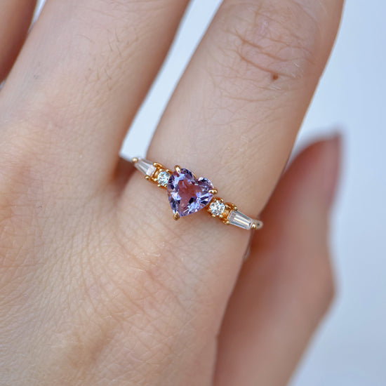 Heart-shaped red garnet ring in 14k gold color with baguette diamond accents, vintage-inspired heirloom jewelry gift for her by LIRAE.
