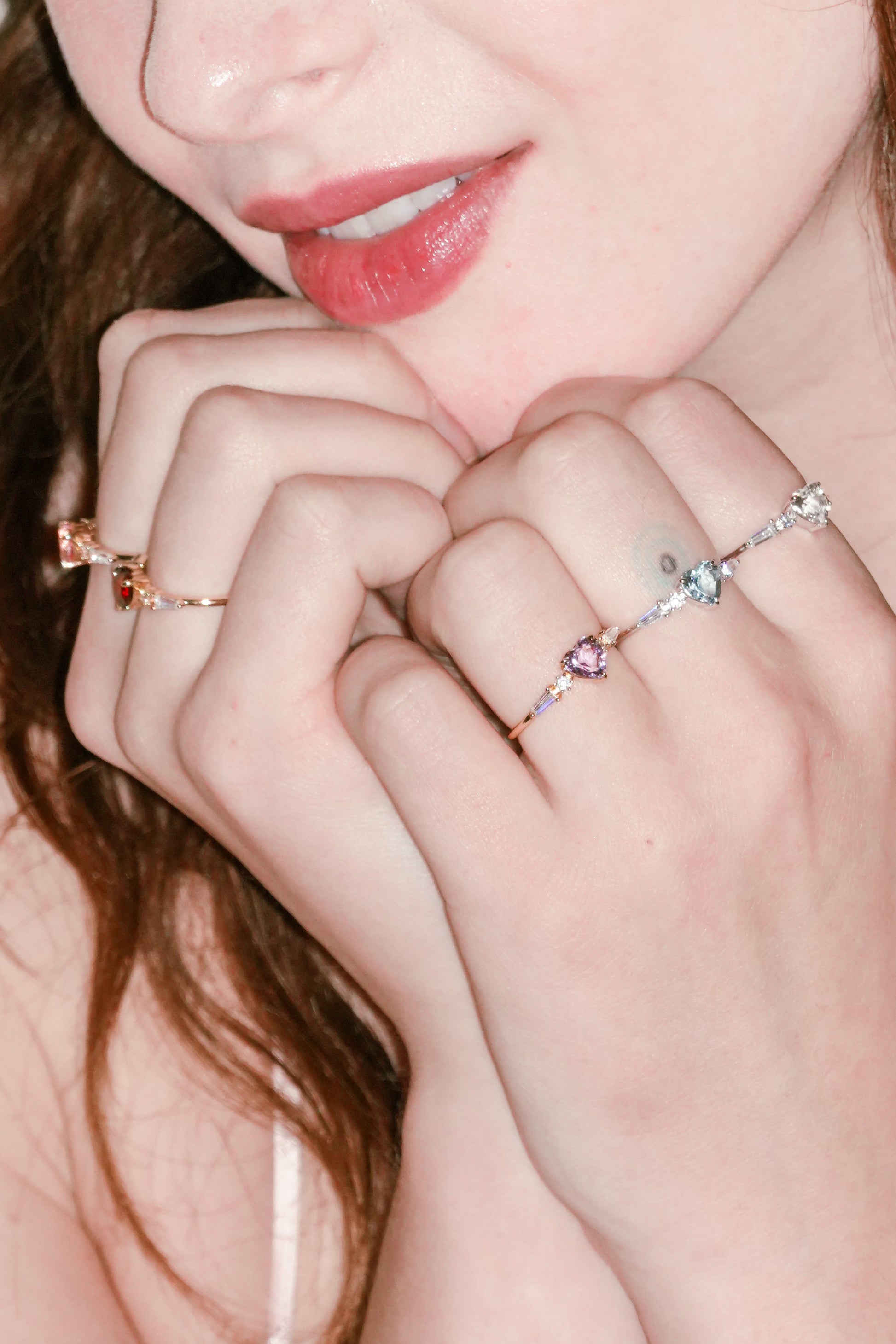 Heart-shaped red garnet ring in gold color with baguette diamond accents, vintage-inspired heirloom jewelry gift for her by LIRAE.