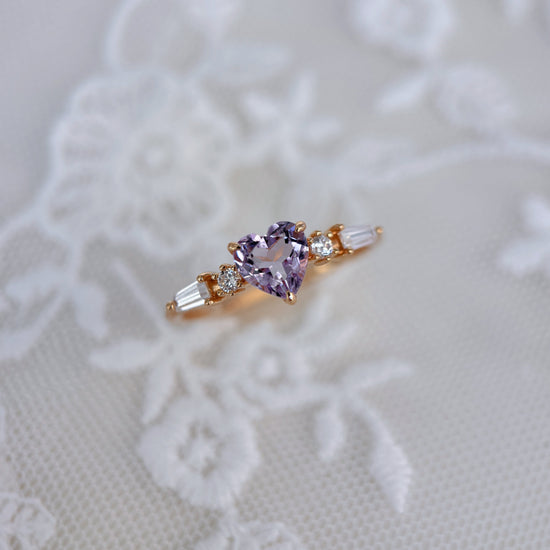 Heart-shaped red garnet ring in 14k gold color with baguette diamond accents, vintage-inspired heirloom jewelry gift for her by LIRAE.