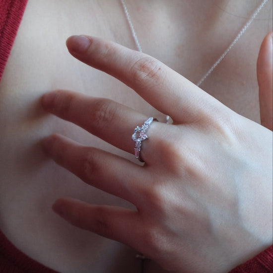 Heart-shaped clear quartz ring in silver color with baguette diamond accents, vintage-inspired heirloom jewelry gift for her by LIRAE.