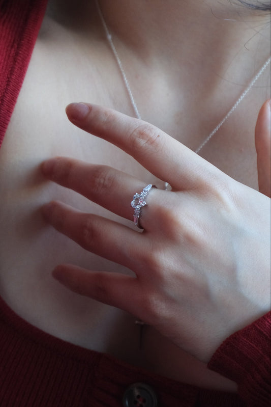 Heart-shaped clear quartz ring in silver color with baguette diamond accents, vintage-inspired heirloom jewelry gift for her by LIRAE.