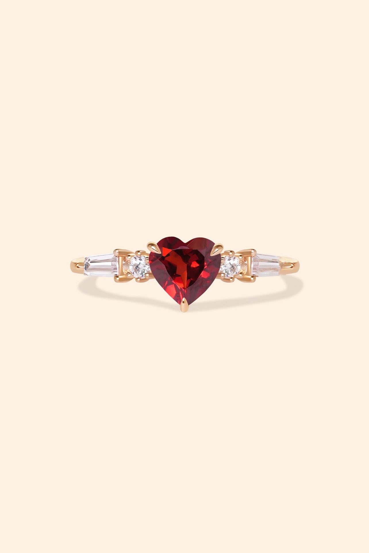Heart-shaped red garnet ring in 14k gold color with baguette diamond accents, vintage-inspired heirloom jewelry gift for her by LIRAE.