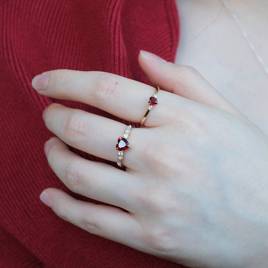 Heart-shaped red garnet ring in 14k gold color with baguette diamond accents, vintage-inspired heirloom jewelry gift for her by LIRAE.