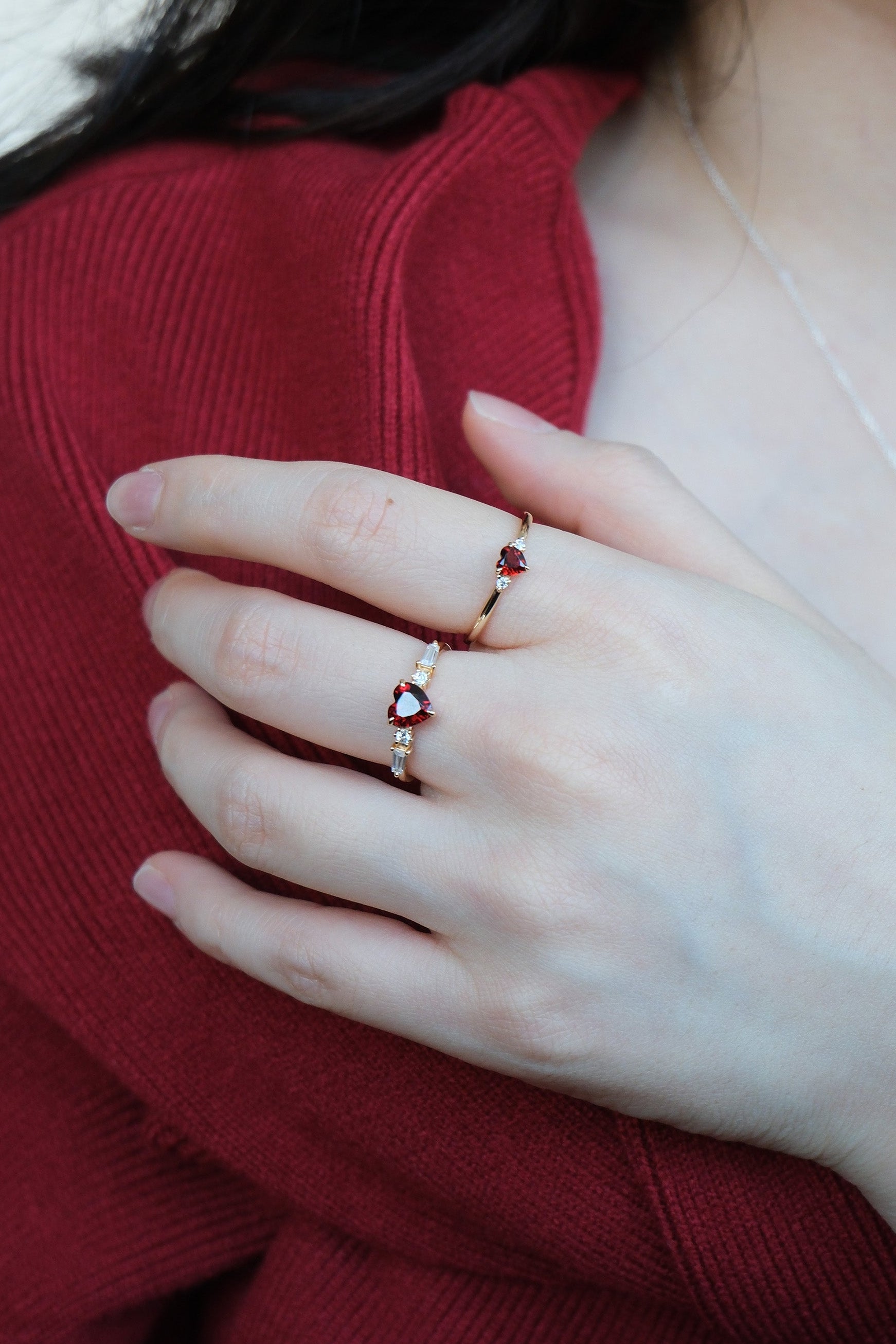 Heart-shaped red garnet ring in 14k gold color with baguette diamond accents, vintage-inspired heirloom jewelry gift for her by LIRAE.
