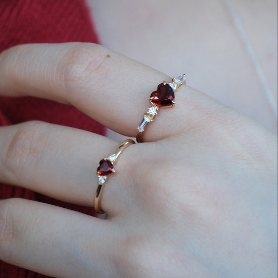 Heart-shaped red garnet ring in 14k gold color with baguette diamond accents, vintage-inspired heirloom jewelry gift for her by LIRAE.