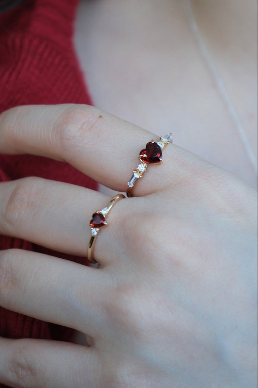 Heart-shaped red garnet ring in 14k gold color with baguette diamond accents, vintage-inspired heirloom jewelry gift for her by LIRAE.
