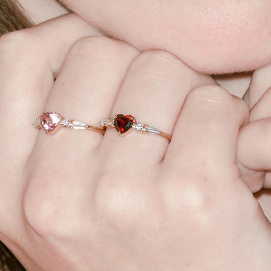 Heart-shaped red garnet ring in 14k gold color with baguette diamond accents, vintage-inspired heirloom jewelry gift for her by LIRAE. 