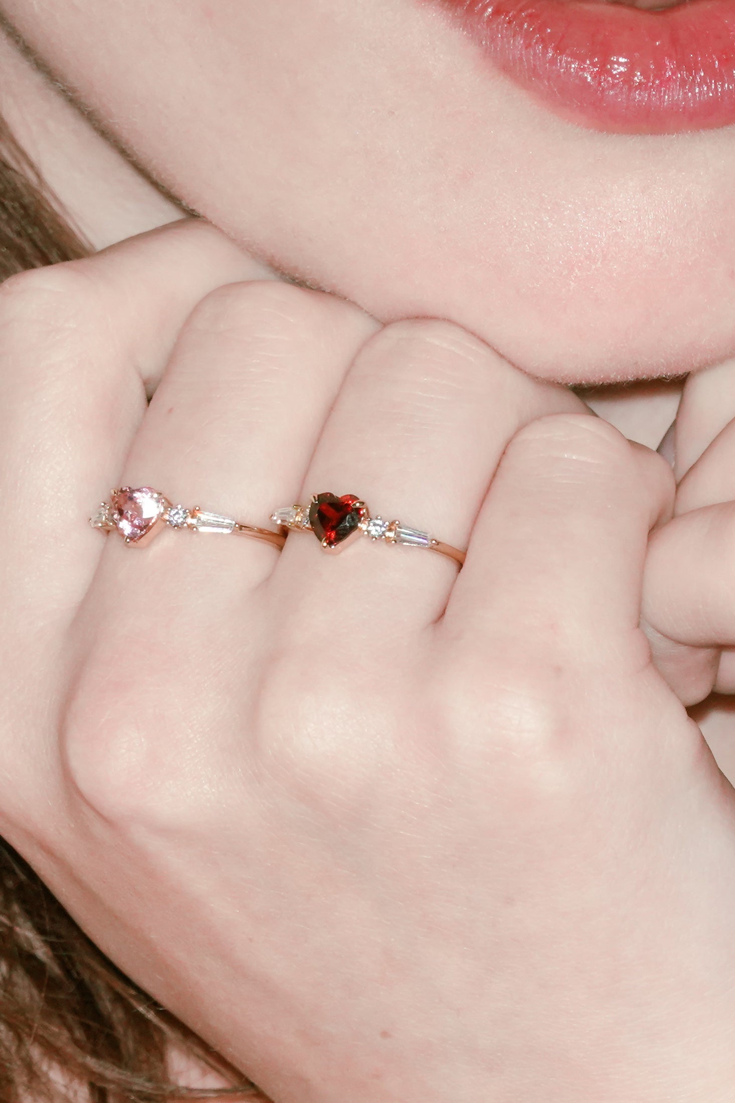 Heart-shaped red garnet ring in 14k gold color with baguette diamond accents, vintage-inspired heirloom jewelry gift for her by LIRAE. 