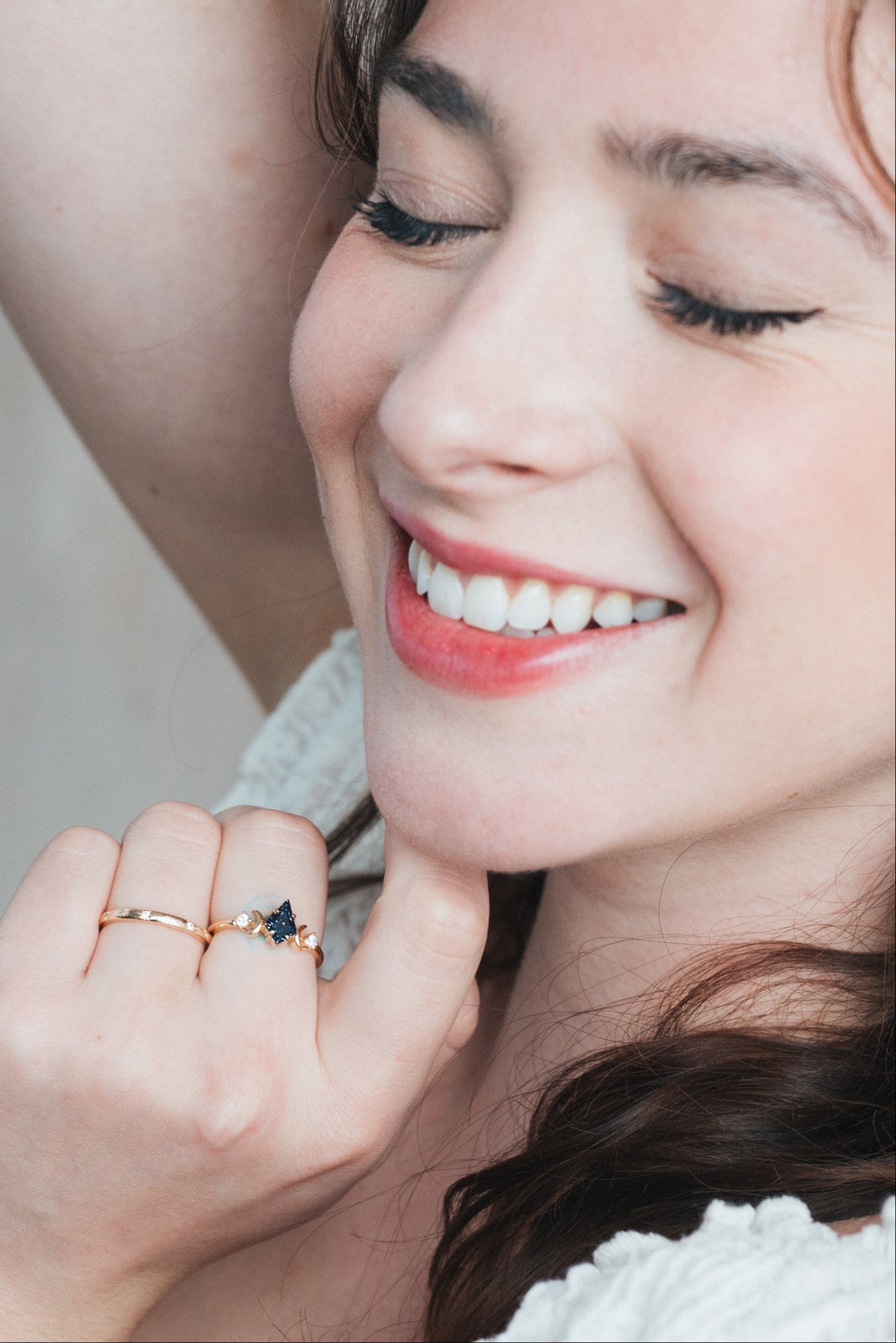 LIRAE celestial ring featuring a kite cut sandstone center stone and gold crescent moons, witchy aesthetic galaxy jewelry for women.