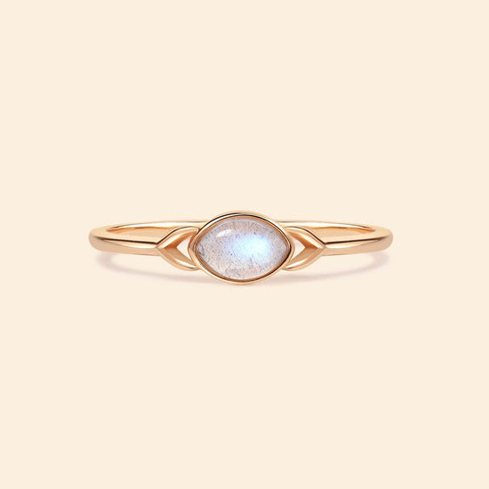 Dainty 14k gold plated labradorite ring with leaf-shaped split band details, ethereal iridescent gemstone jewelry for natural stacking style by LIRAE.