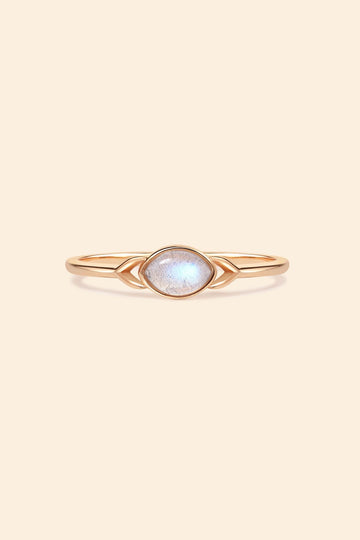 Dainty 14k gold plated labradorite ring with leaf-shaped split band details, ethereal iridescent gemstone jewelry for natural stacking style by LIRAE.