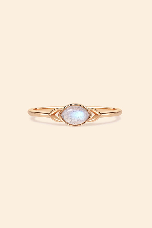 Dainty 14k gold plated labradorite ring with leaf-shaped split band details, ethereal iridescent gemstone jewelry for natural stacking style by LIRAE.