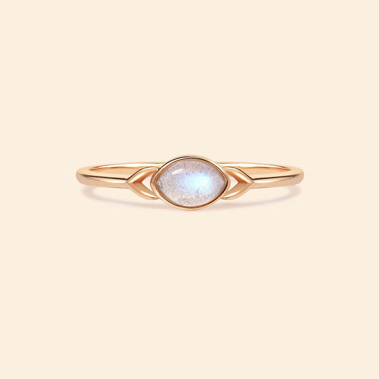 Dainty 14k gold plated labradorite ring with leaf-shaped split band details, ethereal iridescent gemstone jewelry for natural stacking style by LIRAE.