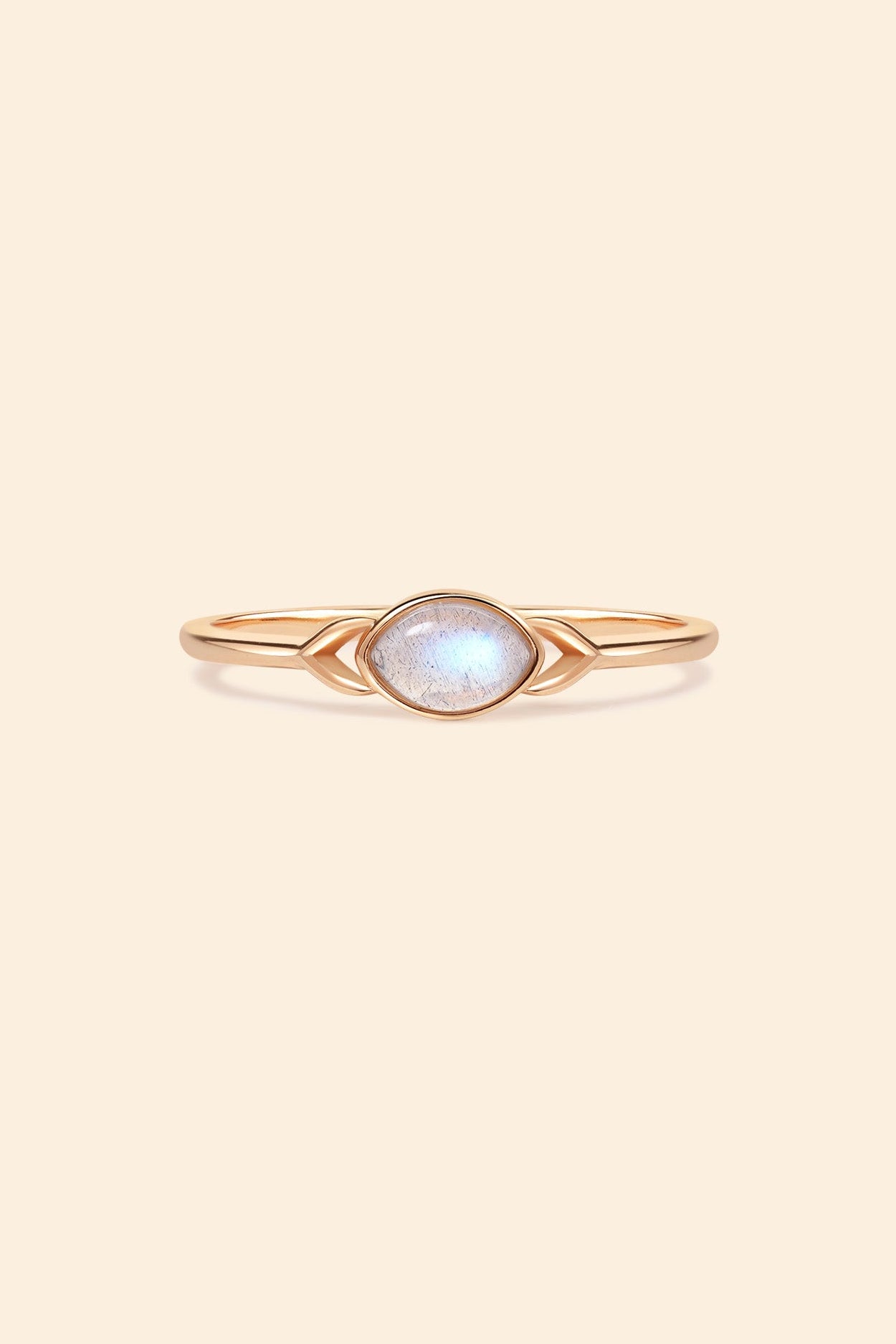 Dainty 14k gold plated labradorite ring with leaf-shaped split band details, ethereal iridescent gemstone jewelry for natural stacking style by LIRAE.