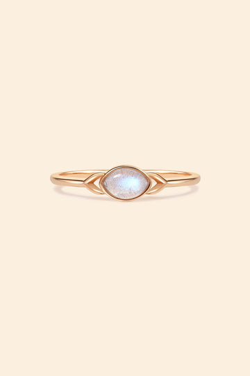 Dainty 14k gold plated labradorite ring with leaf-shaped split band details, ethereal iridescent gemstone jewelry for natural stacking style by LIRAE.