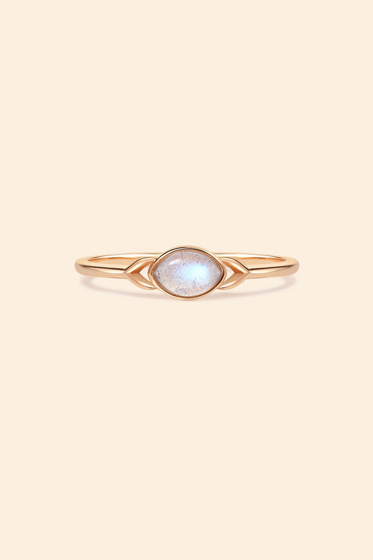 Dainty 14k gold plated labradorite ring with leaf-shaped split band details, ethereal iridescent gemstone jewelry for natural stacking style by LIRAE.