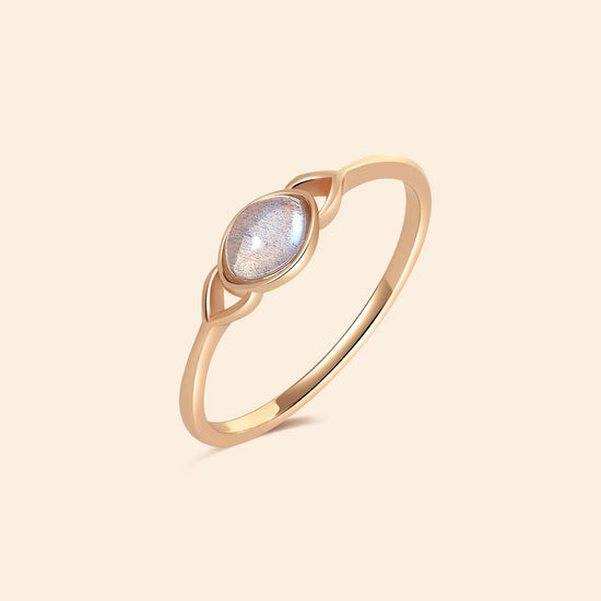 Dainty 14k gold plated labradorite ring with leaf-shaped split band details, ethereal iridescent gemstone jewelry for natural stacking style by LIRAE.