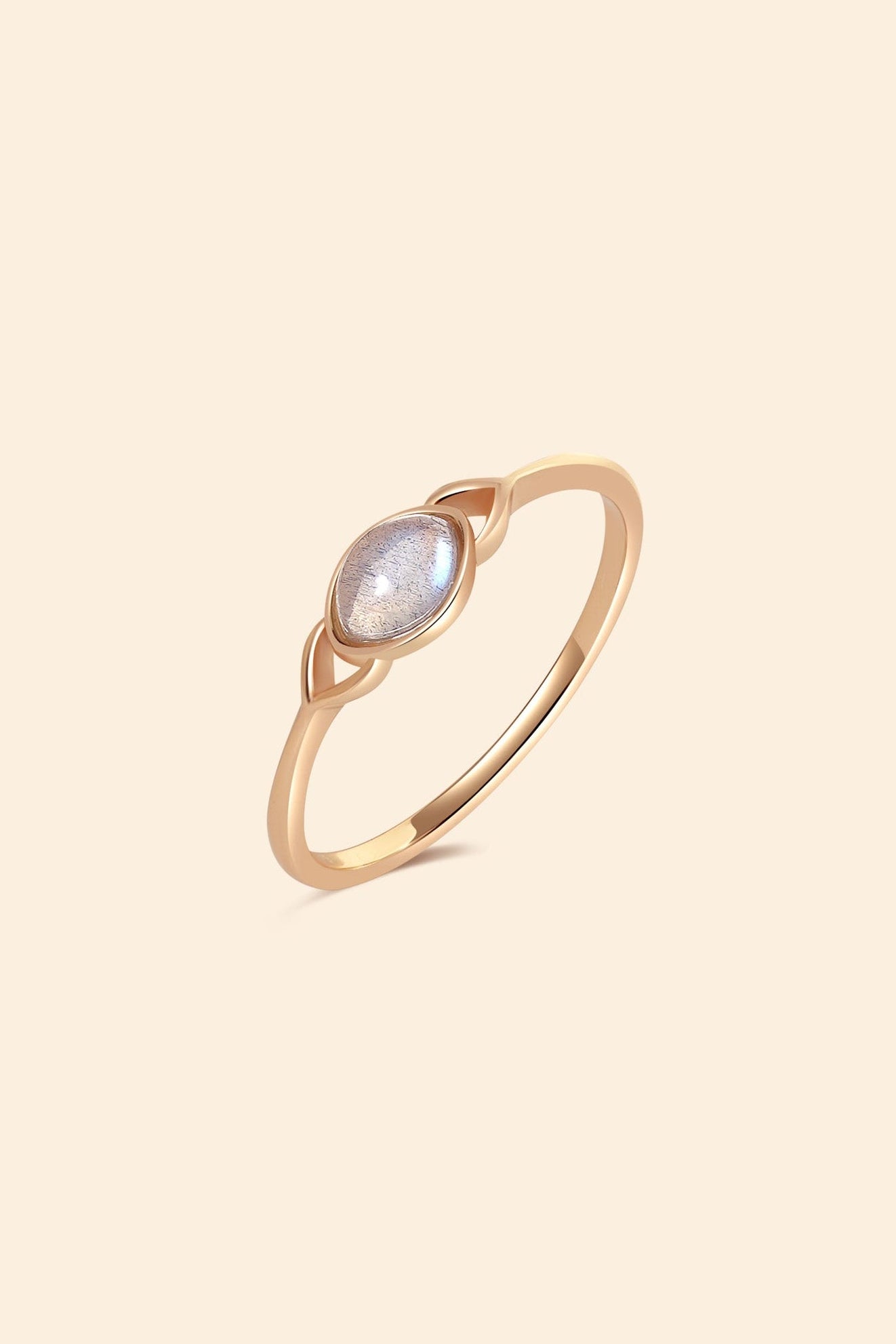 Dainty 14k gold plated labradorite ring with leaf-shaped split band details, ethereal iridescent gemstone jewelry for natural stacking style by LIRAE.