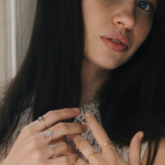 Dainty 14k gold plated labradorite ring with leaf-shaped split band details, ethereal iridescent gemstone jewelry for natural stacking style by LIRAE.