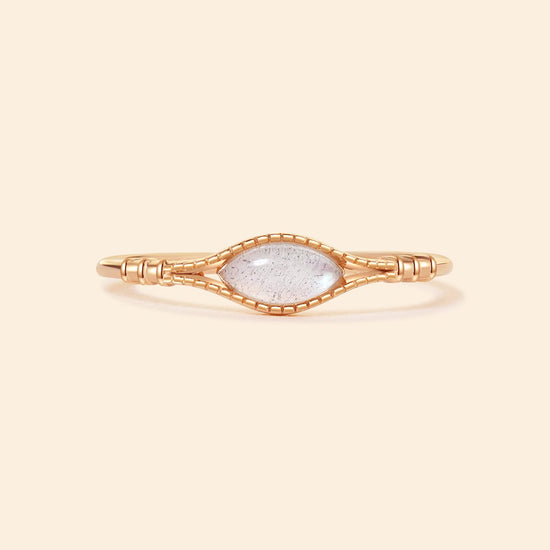 Handcrafted 14k gold-plated marquise labradorite ring with a split-shank band and beaded bezel detail, vintage-inspired bohemian relic jewelry by LIRAE.