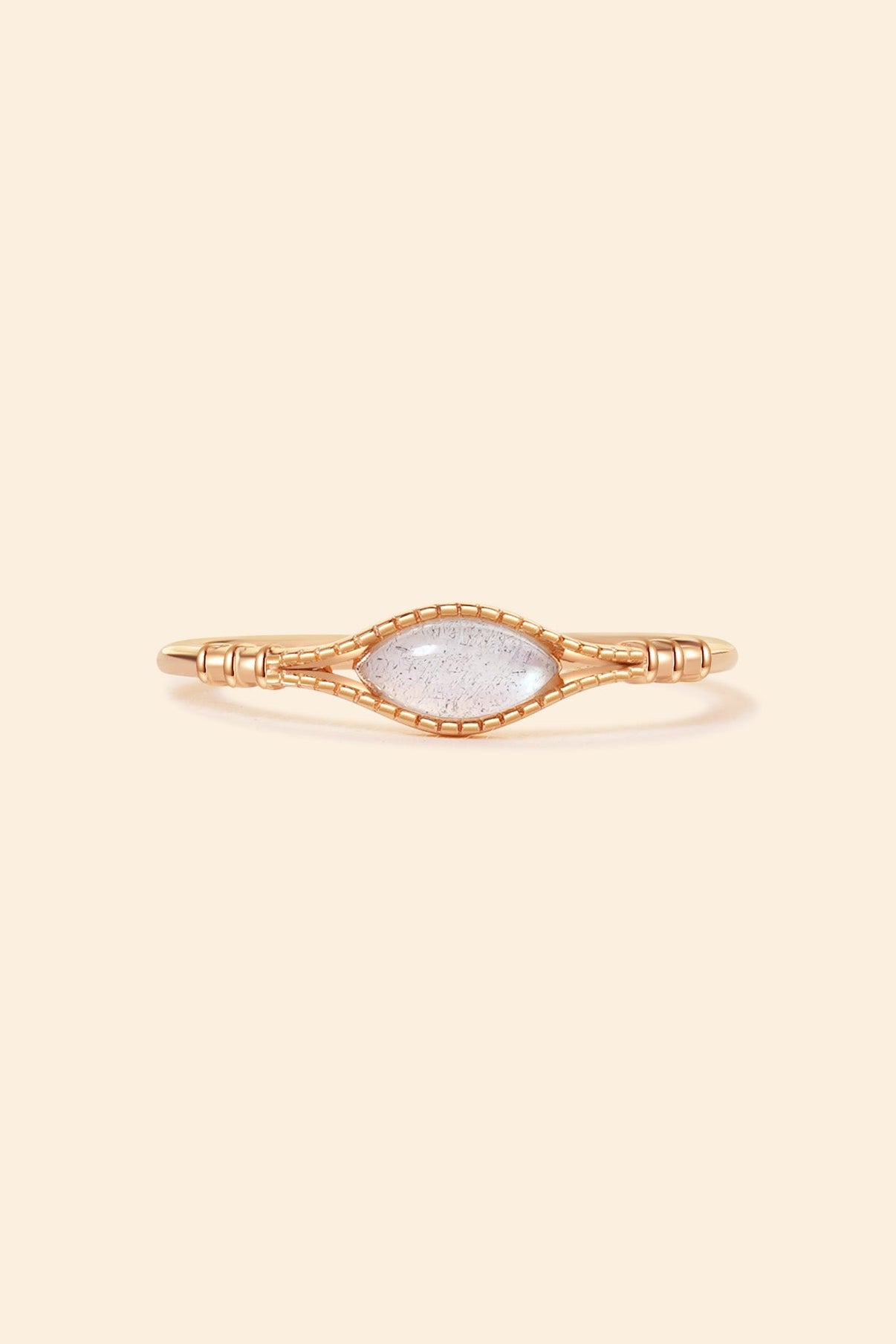Handcrafted 14k gold-plated marquise labradorite ring with a split-shank band and beaded bezel detail, vintage-inspired bohemian relic jewelry by LIRAE.