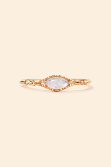 Handcrafted 14k gold-plated marquise labradorite ring with a split-shank band and beaded bezel detail, vintage-inspired bohemian relic jewelry by LIRAE.