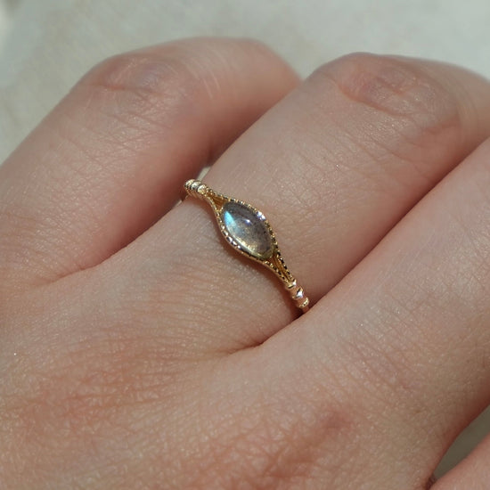 Handcrafted 14k gold-plated marquise labradorite ring with a split-shank band and beaded bezel detail, vintage-inspired bohemian relic jewelry by LIRAE.